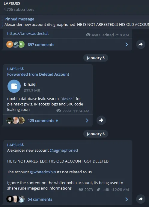 Screenshot of a LAPSUS$ Telegram channel showing pinned messages, a post advertising a large database leak, and later messages disputing the identity and account status of an alleged member.