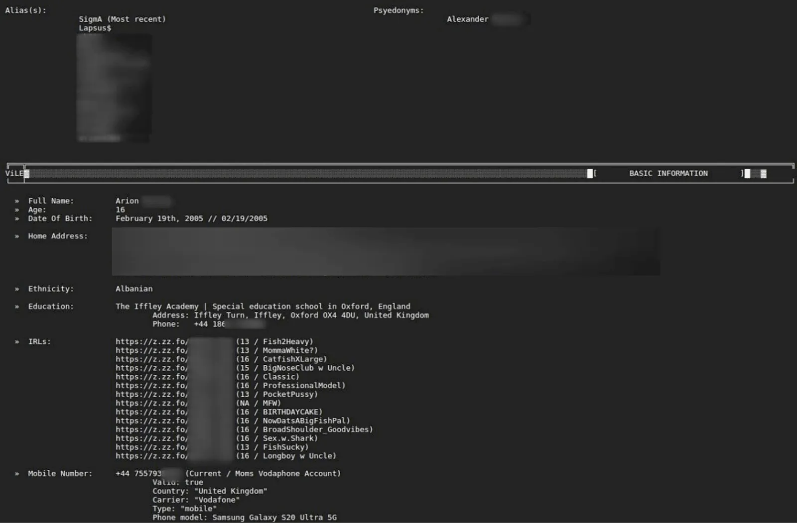Screenshot of a dark profile page allegedly linking an individual to Lapsus$, showing aliases, pseudonyms, and heavily redacted personal information.