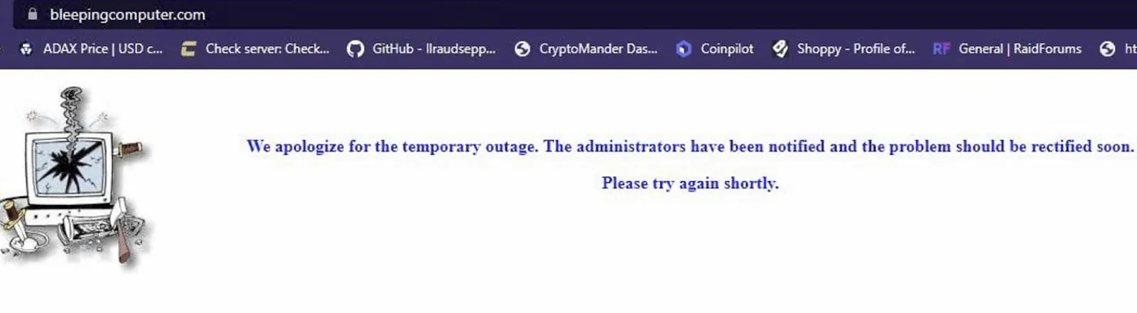Screenshot of a browser page displaying a temporary outage notice with an illustration of a damaged computer, reportedly shared briefly by a Lapsus$ member before being deleted.