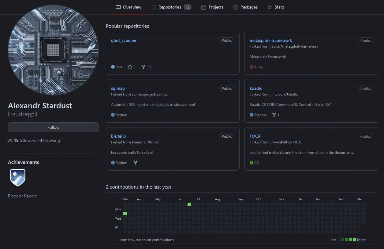 Screenshot of a bookmarked GitHub profile named Alexandr Stardust, showing repositories related to Qbot scanning, Metasploit, brute-force tools, SQL injection, command and control, and document analysis.