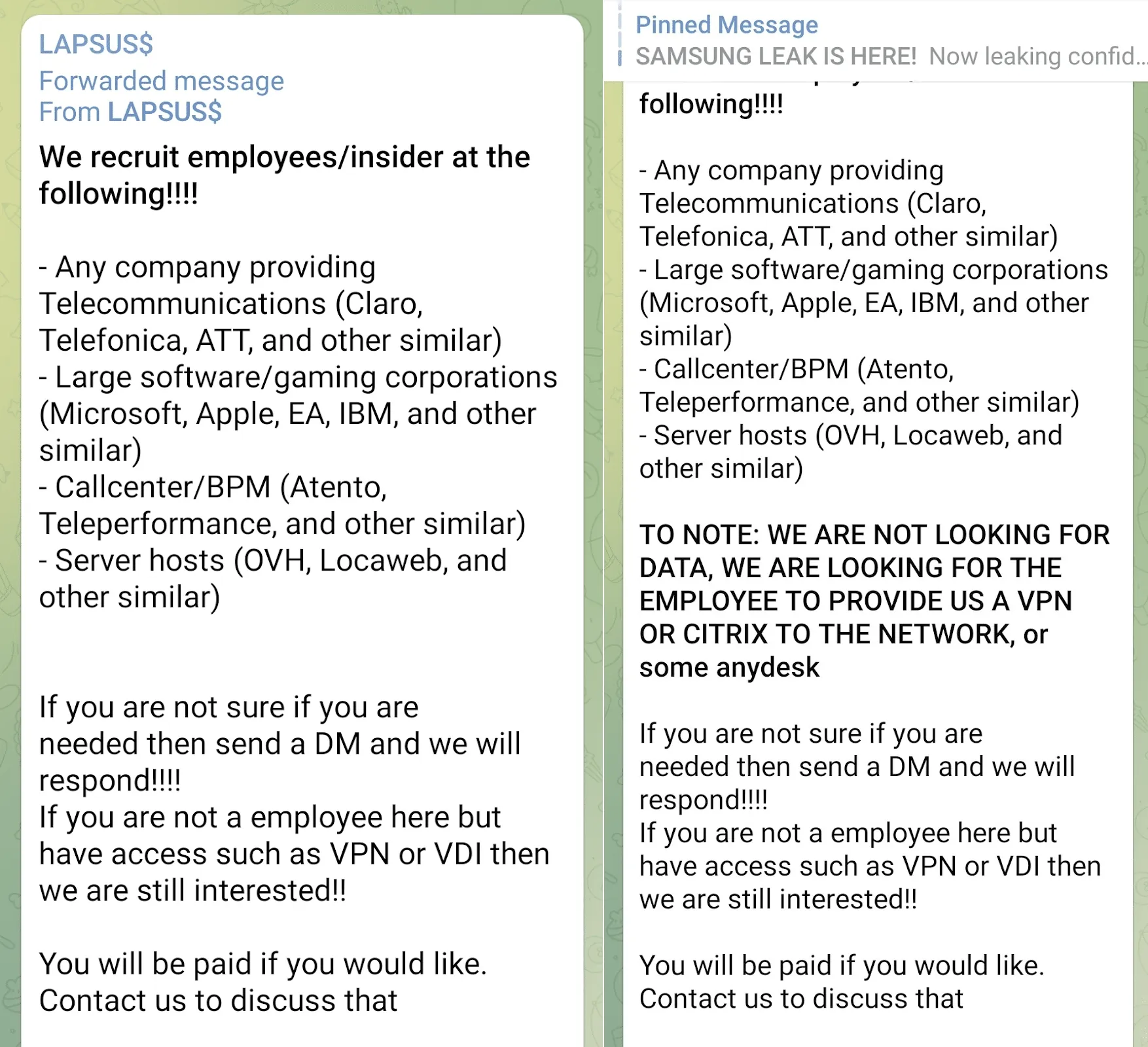Collage of Lapsus$ Telegram messages recruiting employees and insiders from telecommunications, software, gaming, call-center, and hosting companies, seeking internal network access in exchange for payment.