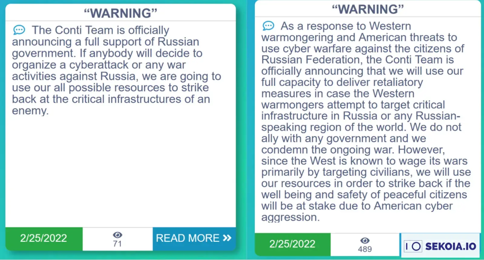 Side-by-side screenshots of Conti statements dated 25 February 2022, showing an initial declaration supporting the Russian government and an edited version threatening retaliation against Western cyberattacks while claiming to oppose the war.