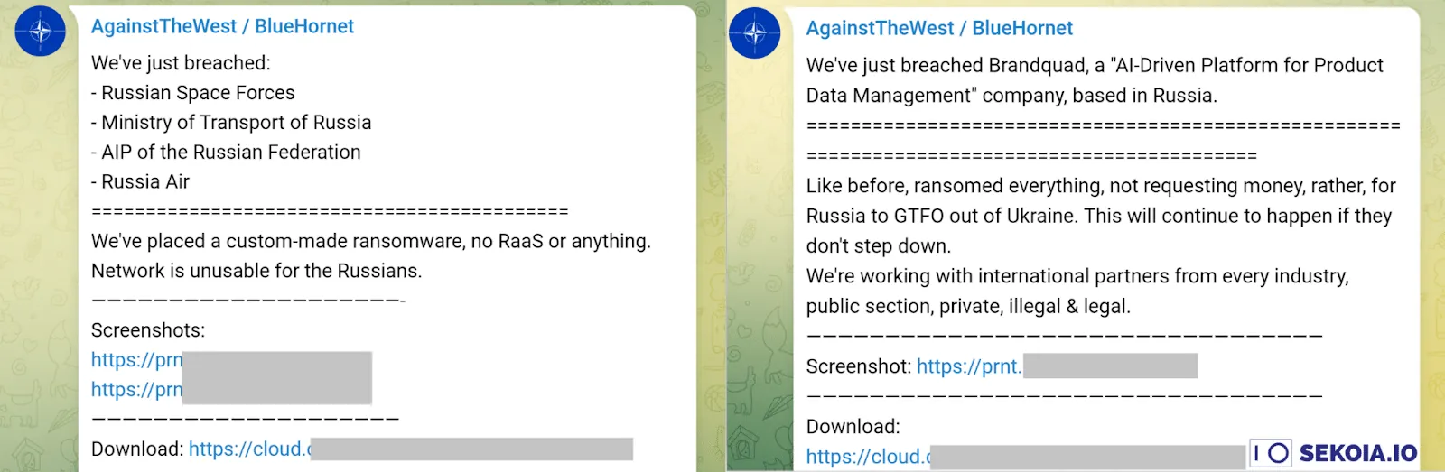 Collage of AgainstTheWest and BlueHornet Telegram posts claiming breaches of Russian organizations, deployment of custom ransomware, and demands for Russia to withdraw from Ukraine.
