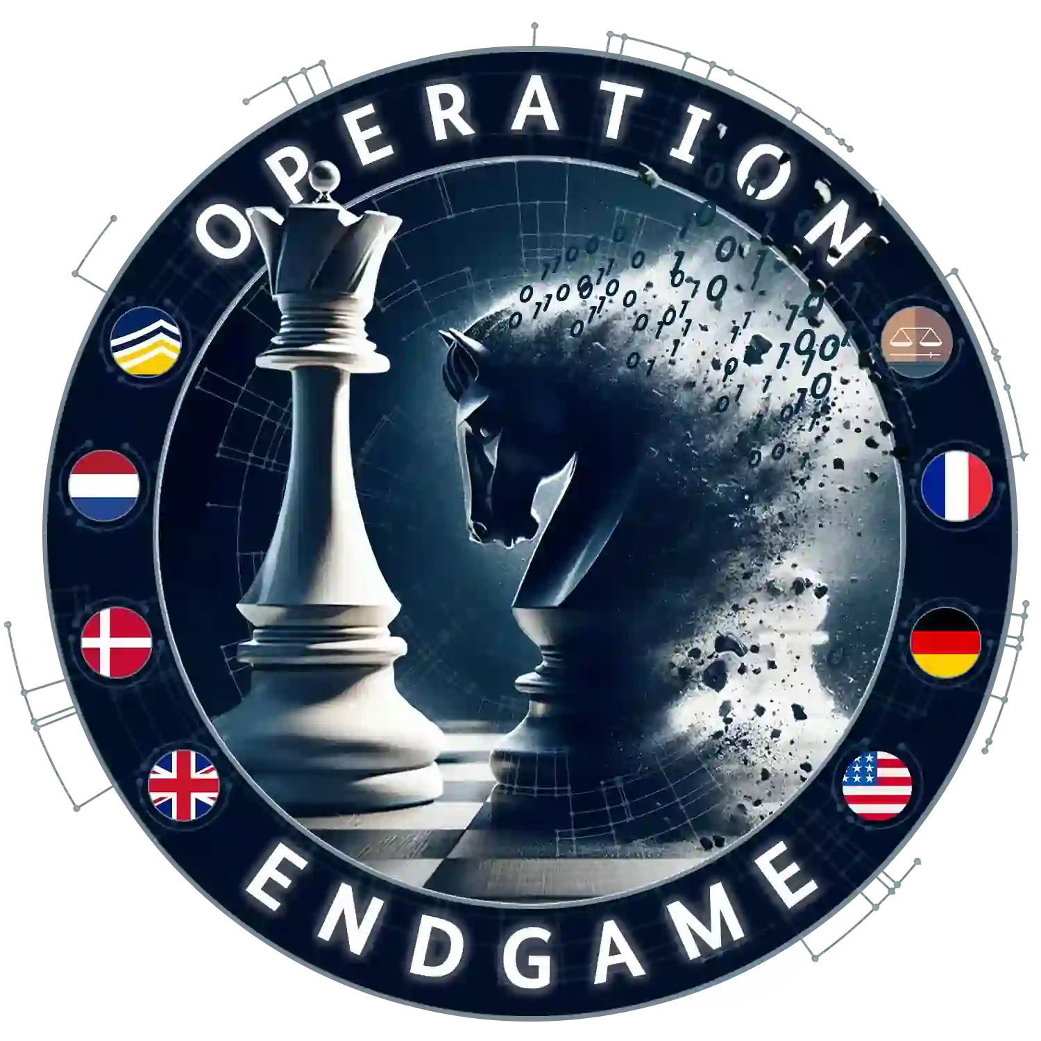 Official emblem of "Operation Endgame" featuring a chess queen and a disintegrating digital knight surrounded by international law enforcement logos and national flags.