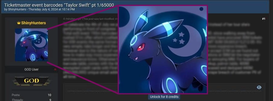 Screenshot of a ShinyHunters forum profile showing an enlarged avatar depicting a blue, fox-like fantasy creature with glowing markings and stars.