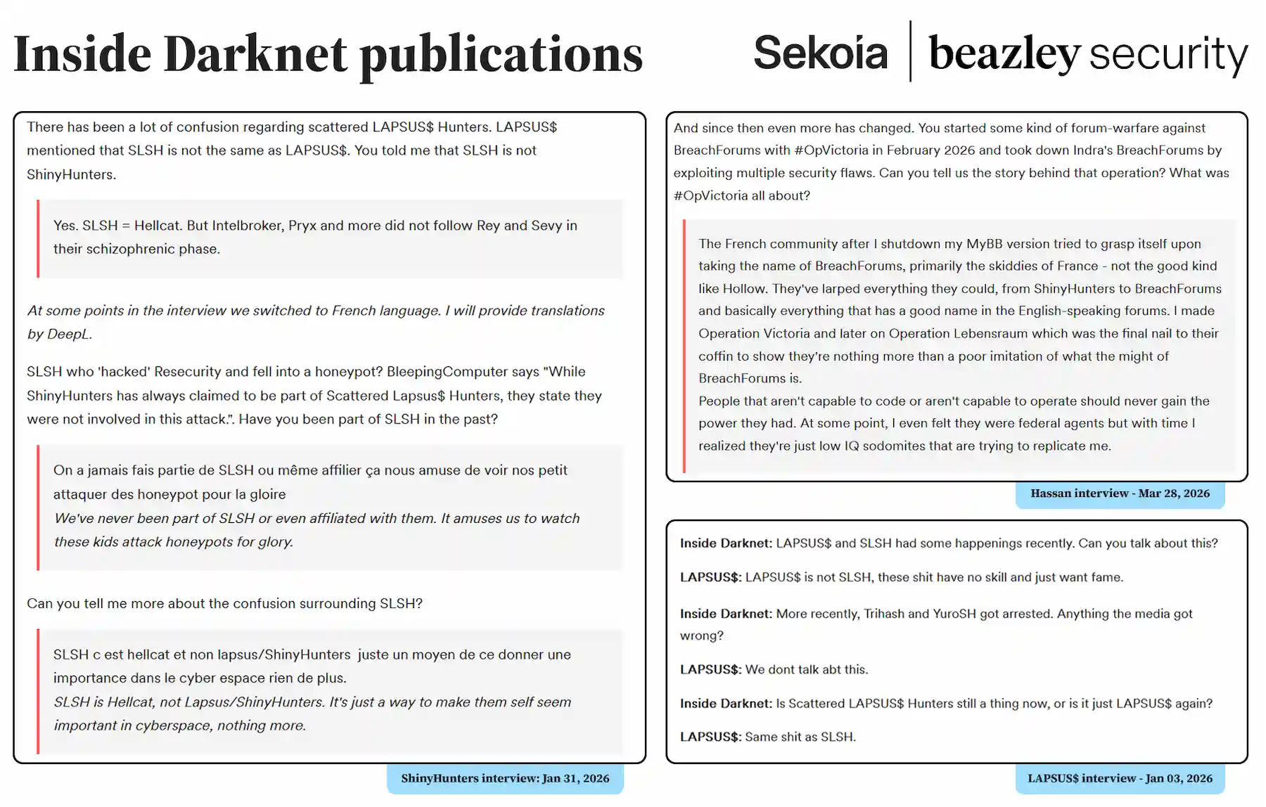 Collage of excerpts from interviews conducted by Inside Darknet, discussing SLSH and its relationship with LAPSUS$ and ShinyHunters.