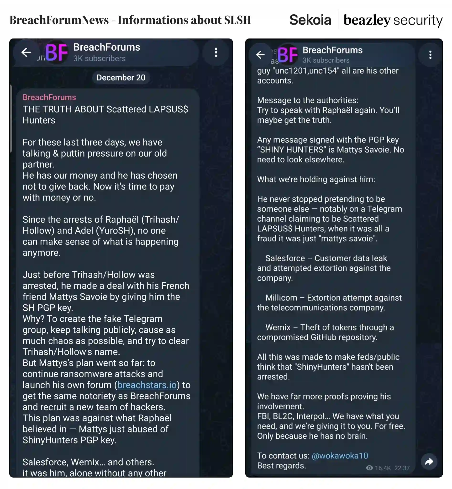 Two screenshots of a BreachForumsNews Telegram post claiming to reveal the identity and activities of Scattered LAPSUS$ Hunters, including alleged impersonation, internal disputes, data theft, and extortion.