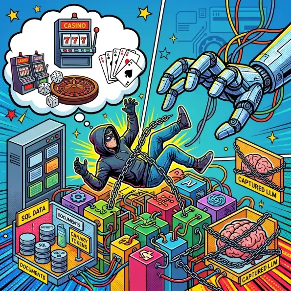 Illustration of a cyberattack on generative AI infrastructure, showing a hooded attacker chained to connected systems, robotic hands, captured language models, SQL data, documents, canary tokens, vector databases, and gambling-themed targets.
