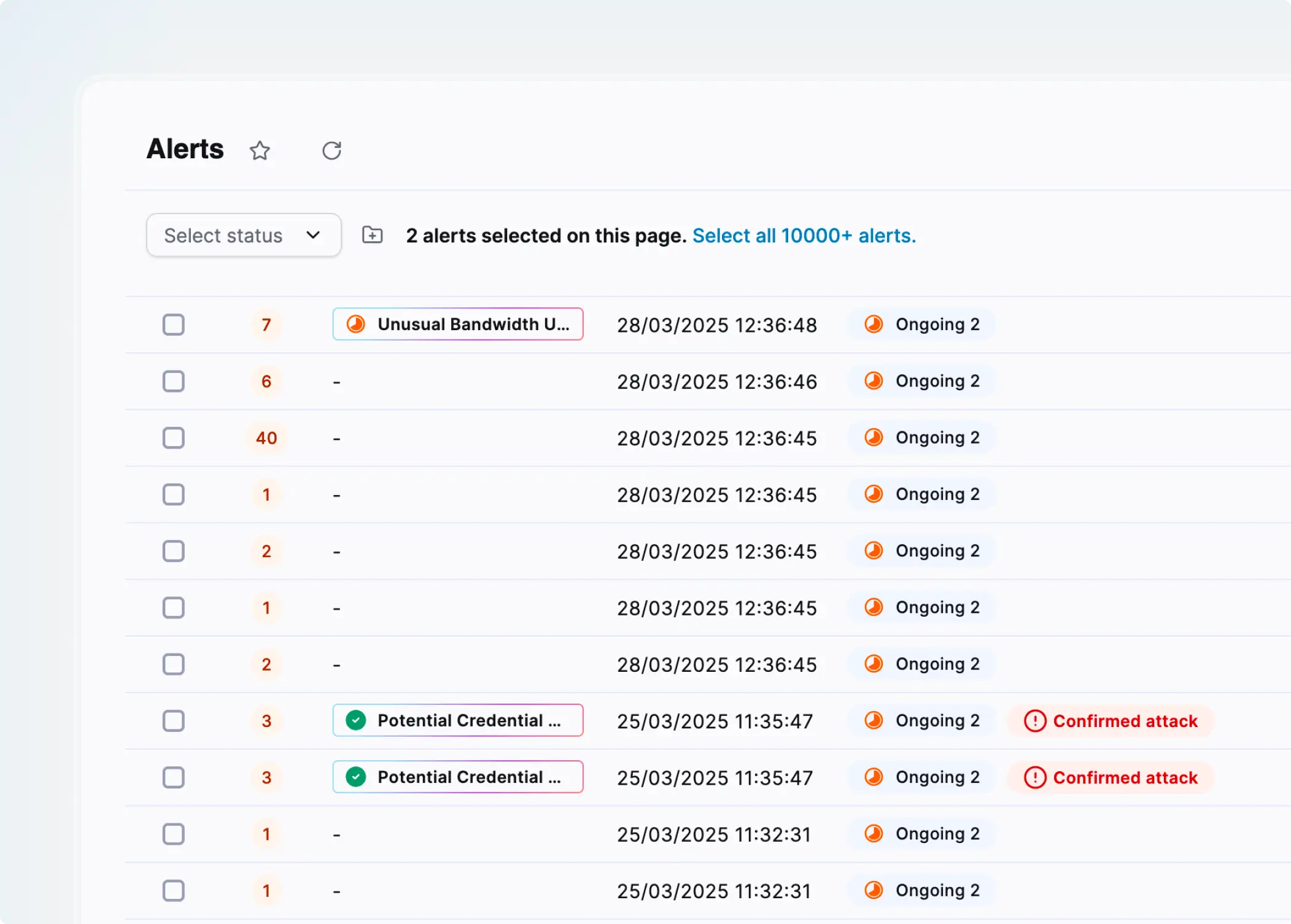List of alerts in the Sekoia dashboard