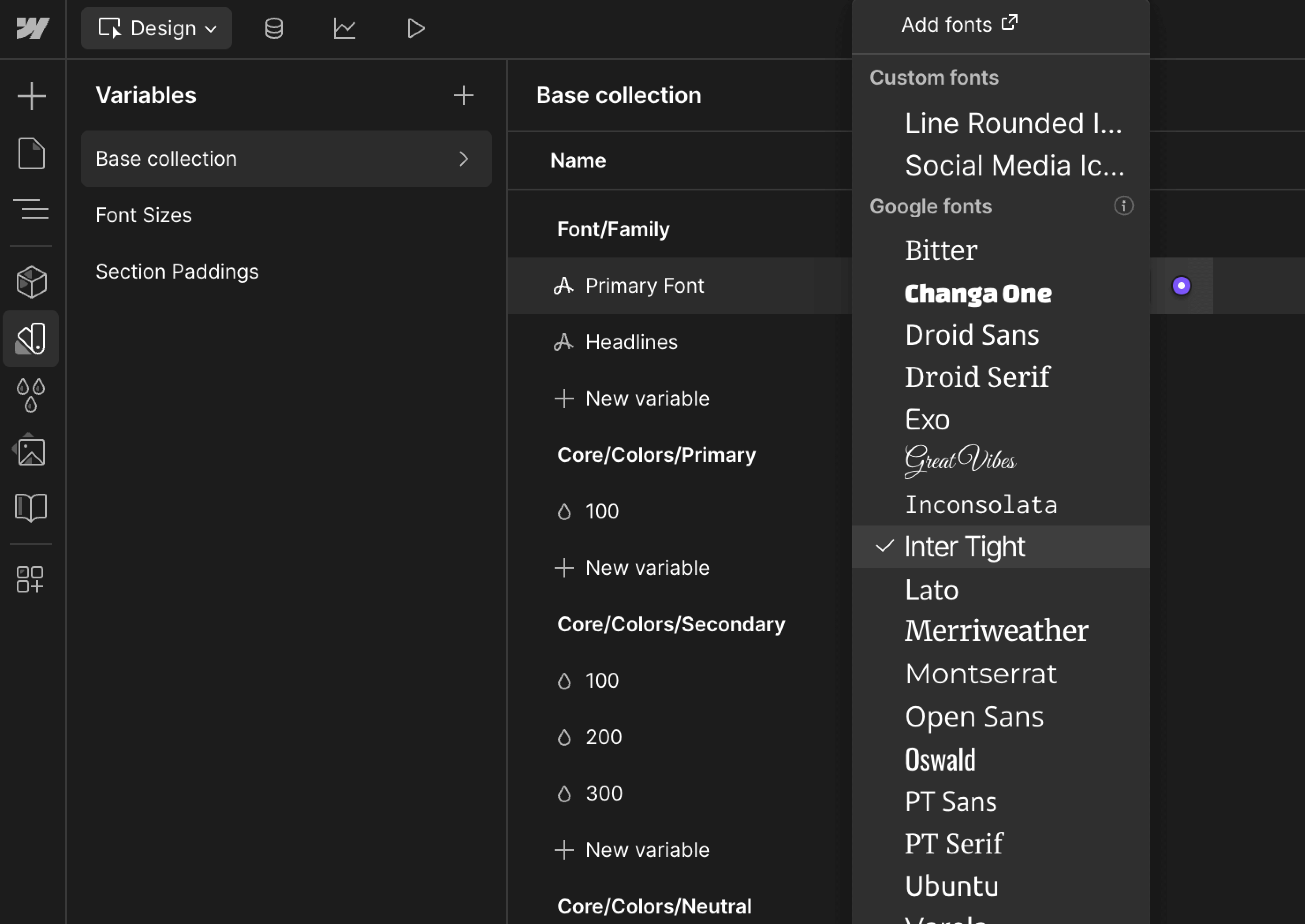 User interface showing a font selection dropdown with various custom and Google fonts listed, including Inter Tight and Merriweather, under Base collection settings.