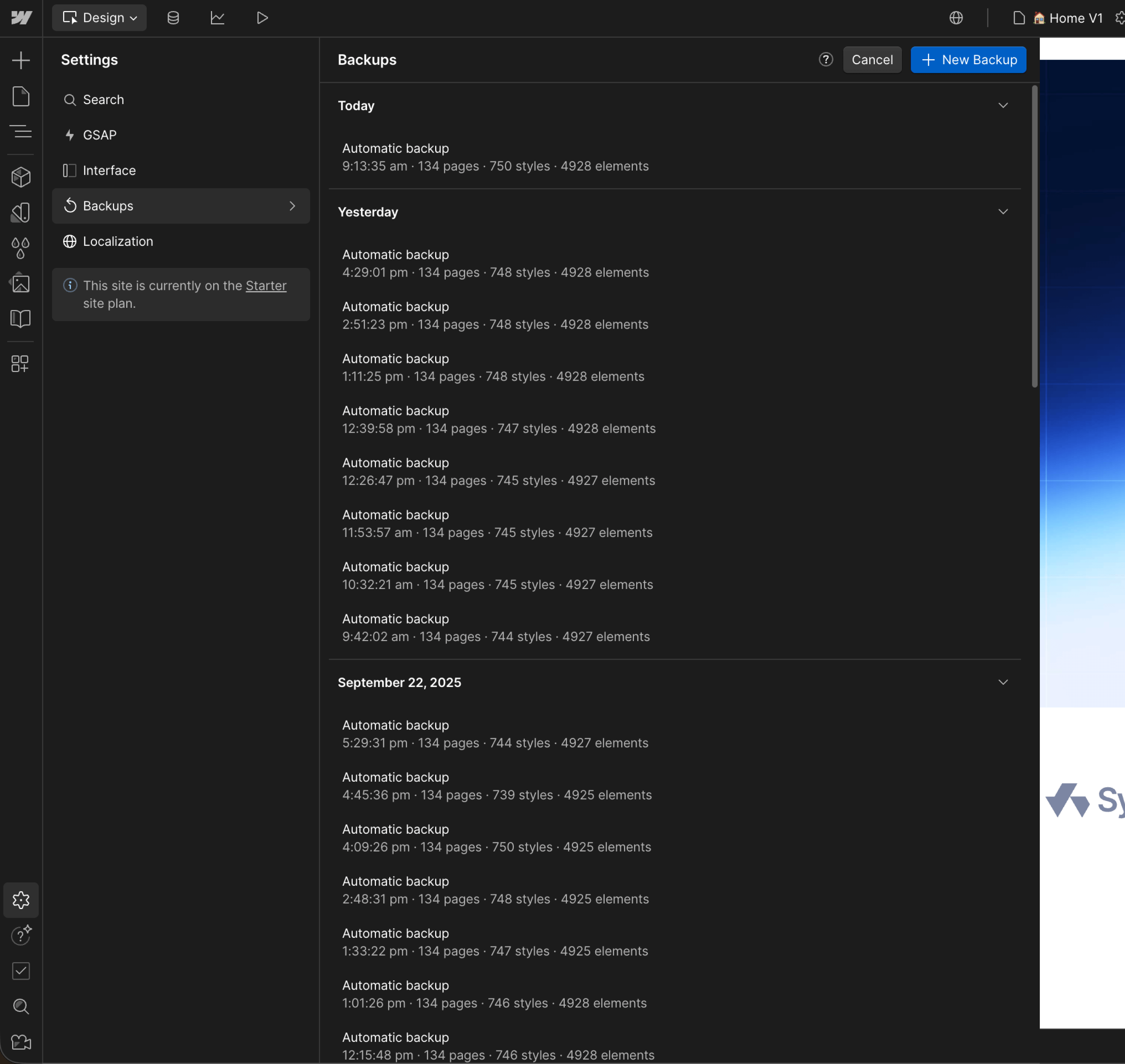 Dark-themed interface showing a Backup settings panel with a list of automatic backup timestamps, pages, styles, and elements counts, along with buttons for New Backup and Cancel.