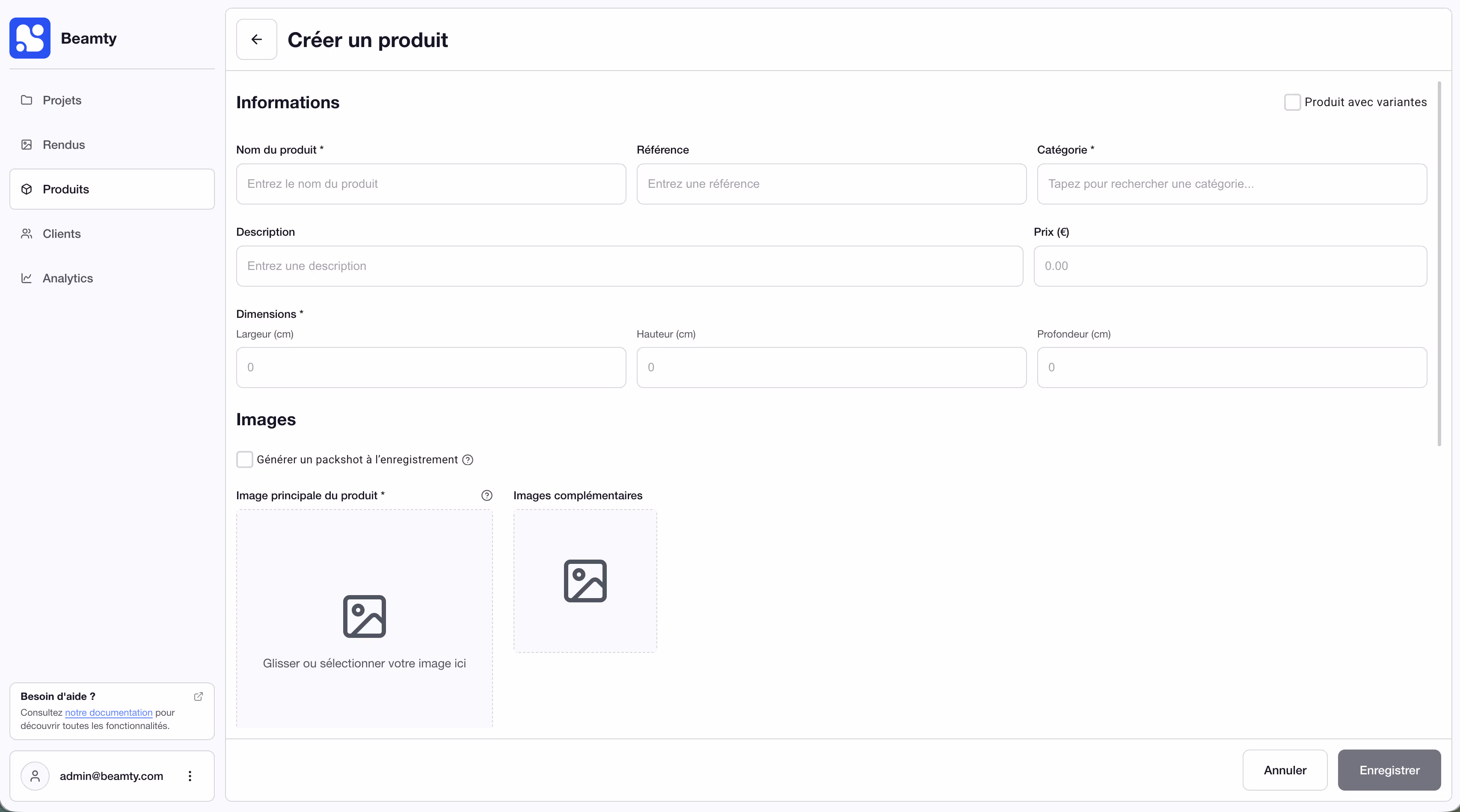 Formulaire d'ajout d'un produit Beamty avec les champs nom, catégorie, description, prix, dimensions et images
