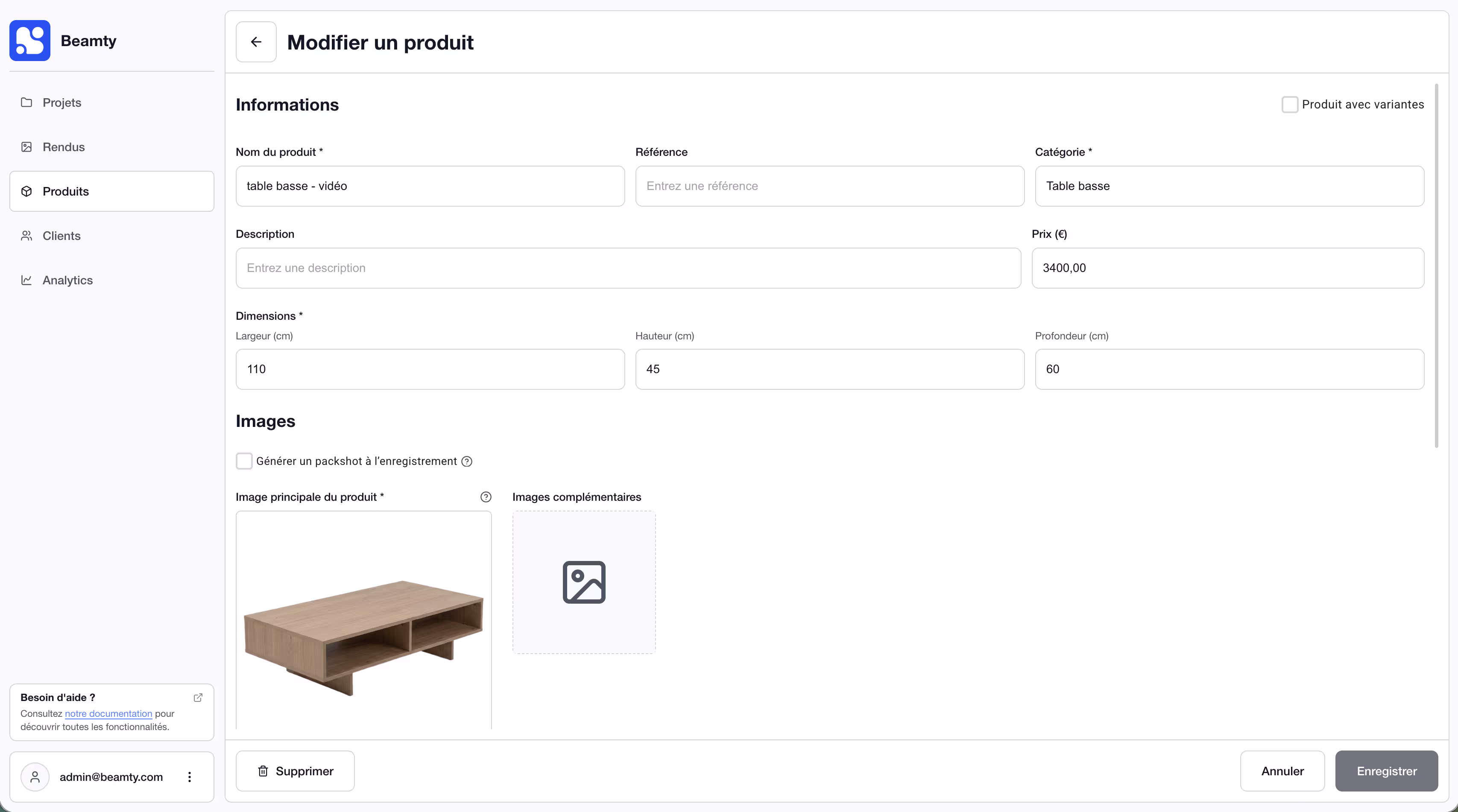Fiche produit complétée dans Beamty, avec son modèle 3D généré depuis l'image principale