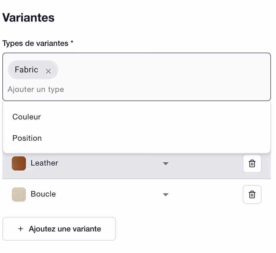 Champ Types de variantes avec le type Fabric sélectionné et la liste des autres types disponibles