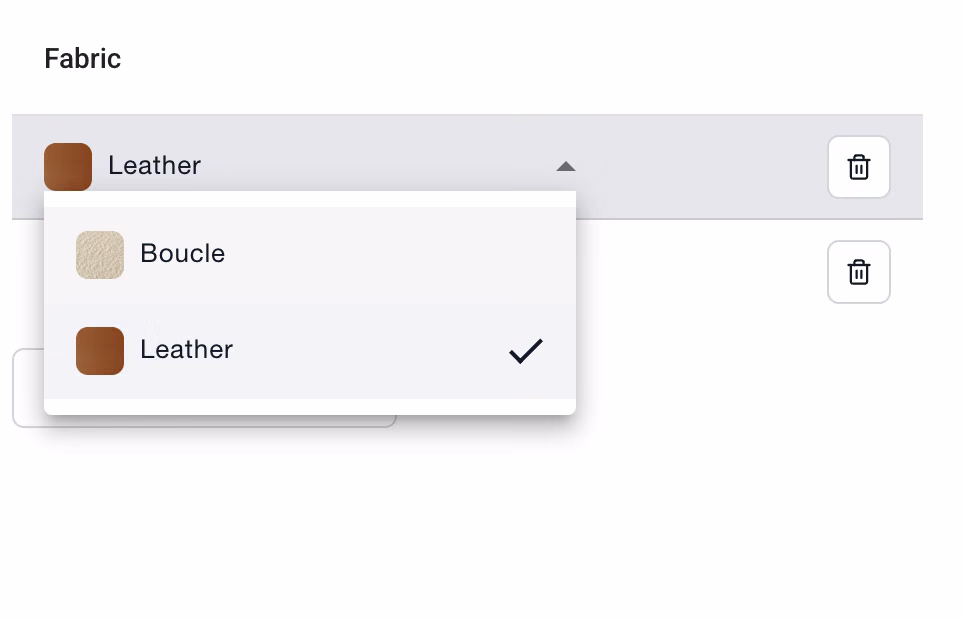 Menu déroulant d'une ligne de variante, avec les valeurs Boucle et Leather et leurs échantillons