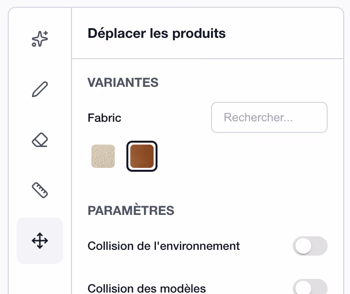 Section Variantes dans la barre de gauche de l'éditeur, en mode Déplacer les produits
