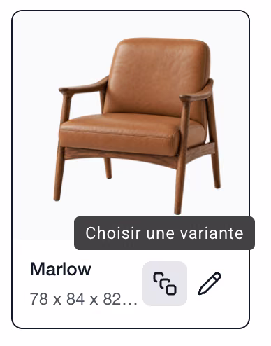 Vignette du produit Marlow dans le catalogue, avec le bouton Choisir une variante et son infobulle