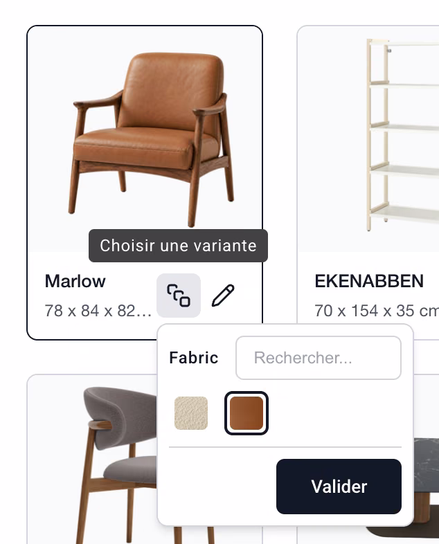 Panneau de choix d'une variante ouvert sous la vignette, avec les échantillons Fabric et le bouton Valider