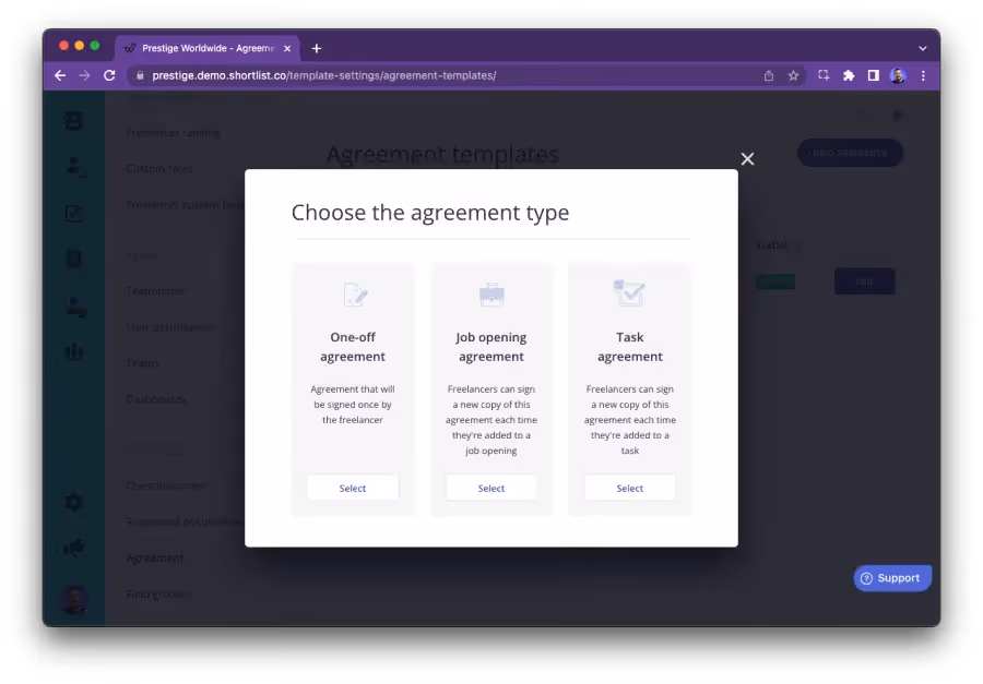 Worksuite Self-Serve Agreement Template Configuration - choose the agreement type