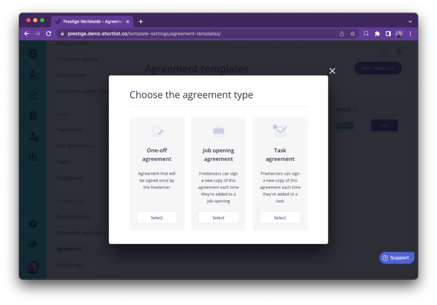 Worksuite Self-Serve Agreement Template Configuration - choose the agreement type