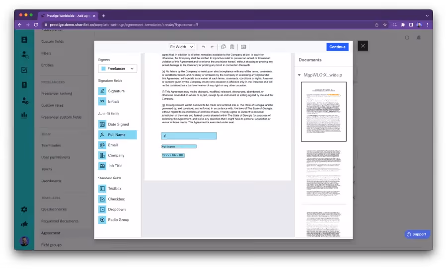 Worksuite Self-Serve Agreement Template Configuration - creating fillable fields with HelloSign integration