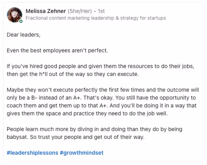 Melissa Zehner quote - hire great people and get the hell out of their way (avoid micromanaging!)
