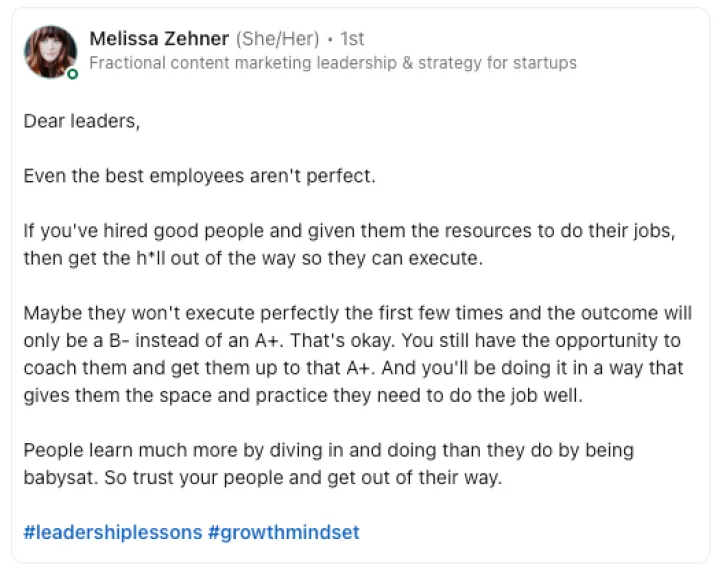 Melissa Zehner quote - hire great people and get the hell out of their way (avoid micromanaging!)