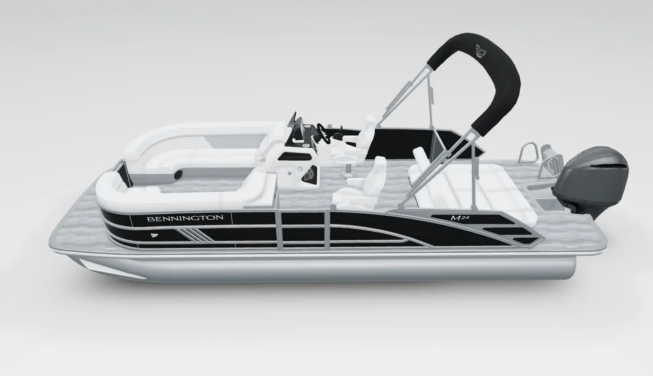 Black and white Bennington M2 pontoon boat with cushioned seats and outboard motor.