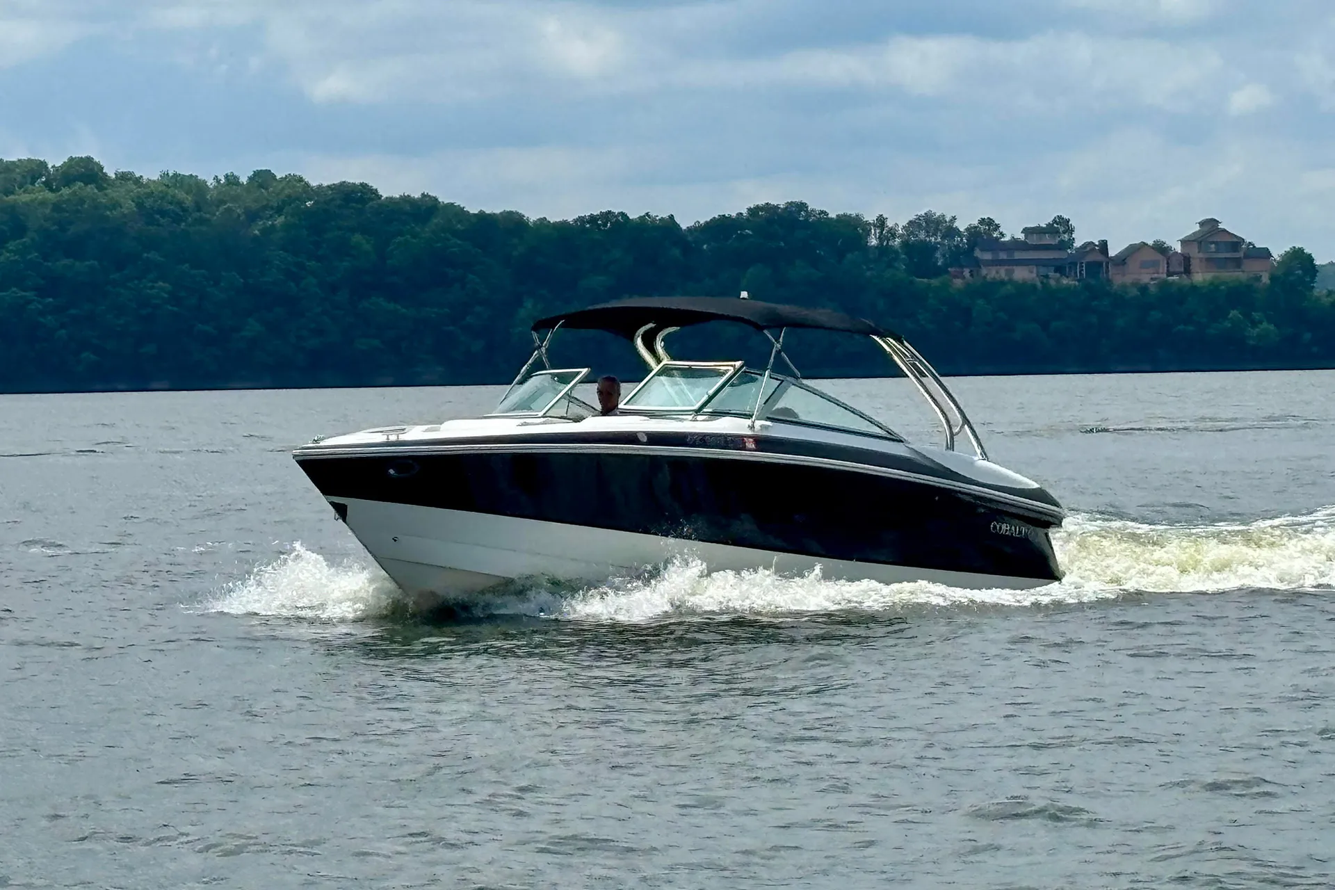 Black and white motorboat with a black canopy speeding on a lake near a forested shoreline.