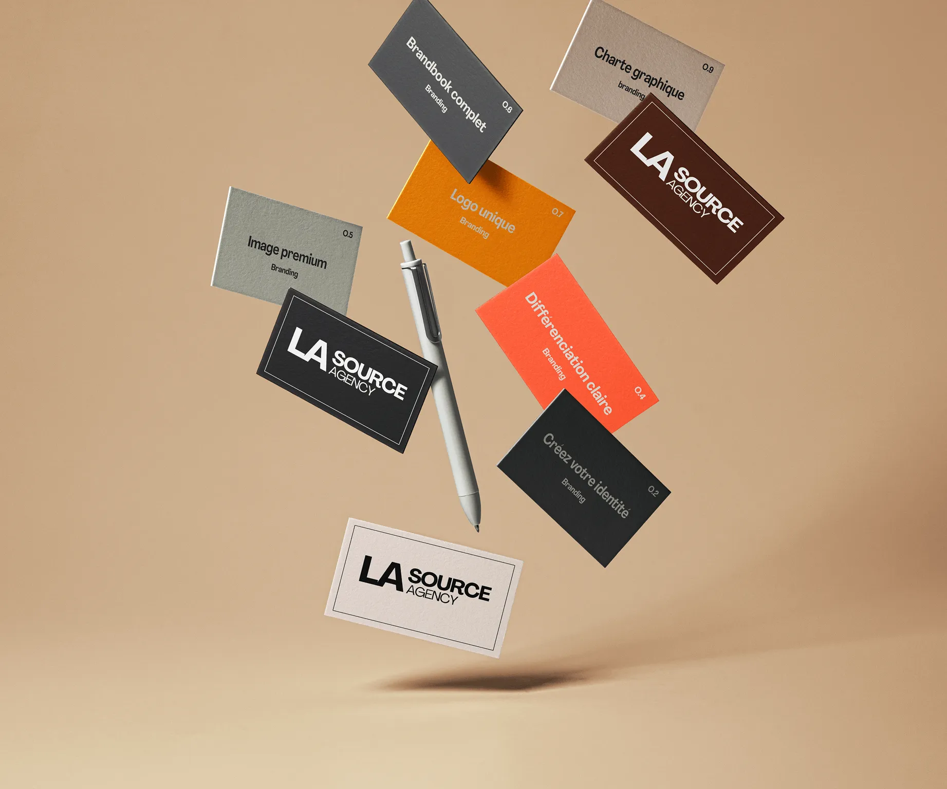 Business cards présentant les différents services de La source