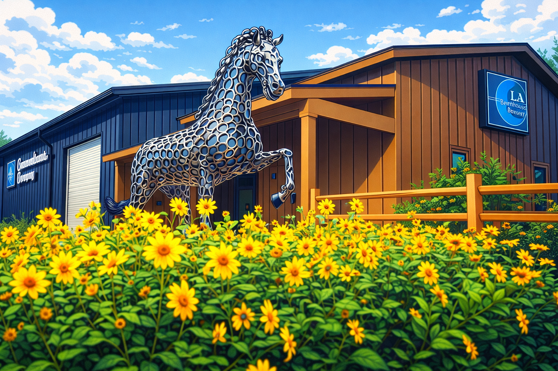 Signature metal horse sculpture at LA Barnhouse Brewery in Ponchatoula, Louisiana, standing among blooming wildflowers and showcasing the brewery’s unique blend of art, nature, community, and craft beverage culture.