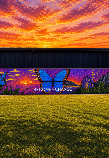 “Become the Change” mural at LA Barnhouse Brewery, showcasing vibrant public art, community spirit, outdoor seating, and a welcoming venue for events, festivals, and social gatherings in Ponchatoula, Louisiana.