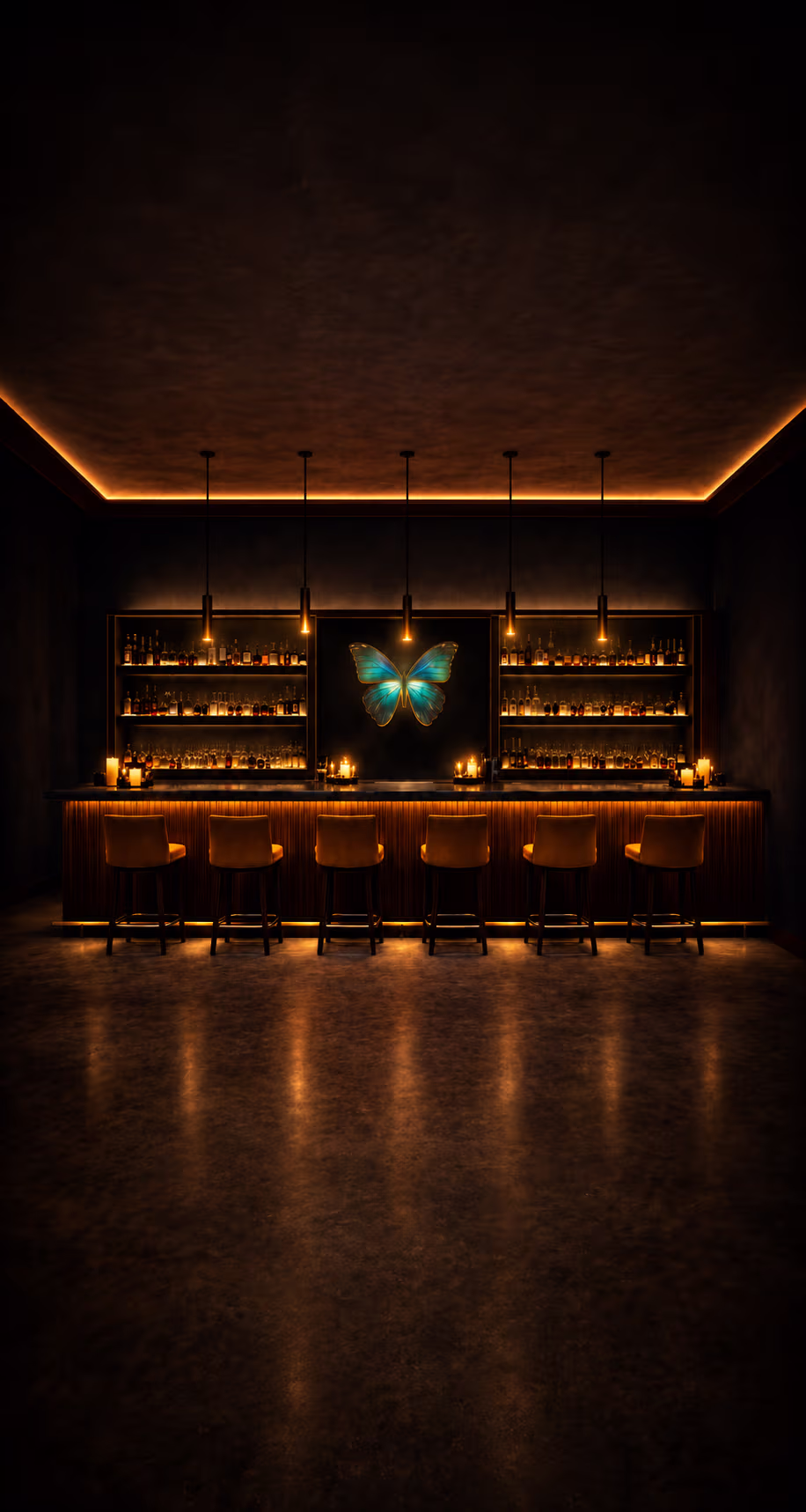 Upscale bar area within The Cocoon Lounge at LA Barnhouse Brewery in Ponchatoula, Louisiana, showcasing atmospheric lighting, curated craft beverages, intimate seating, and the signature butterfly-inspired design.