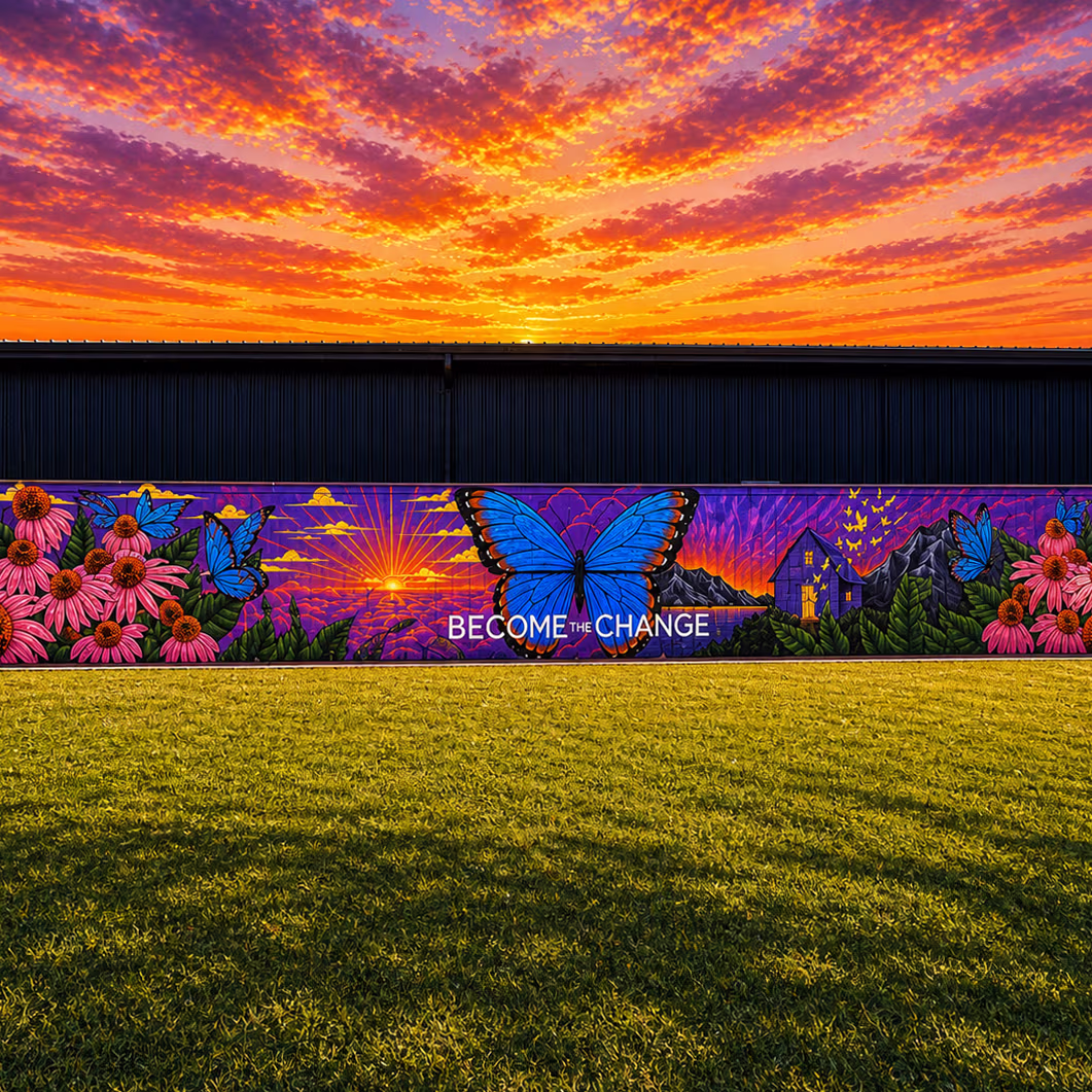 Colorful “Become the Change” mural at LA Barnhouse Brewery in Ponchatoula, Louisiana, featuring vibrant artwork, inspirational messaging, and an inviting outdoor gathering space for community events and live entertainment.