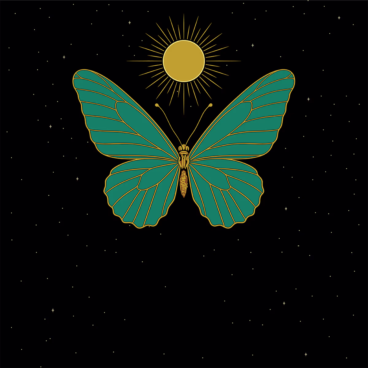 The Cocoon Lounge logo featuring a turquoise butterfly beneath a radiant celestial sun, representing transformation, relaxation, and elevated social experiences at LA Barnhouse Brewery in Ponchatoula, Louisiana.