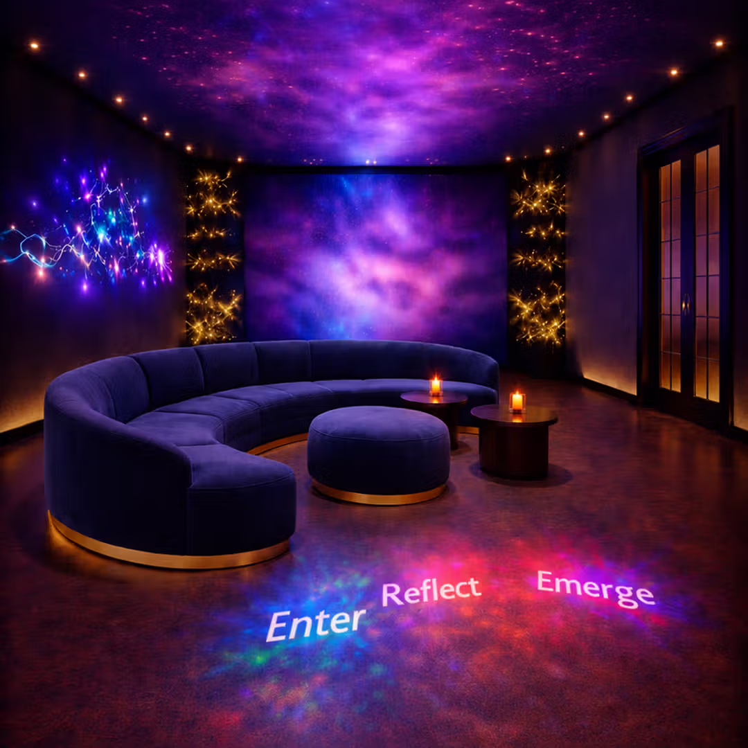The Cocoon Lounge interior at LA Barnhouse Brewery in Ponchatoula, Louisiana, showcasing a cosmic-themed cocktail lounge with stylish seating, atmospheric lighting, and a unique craft beverage experience.