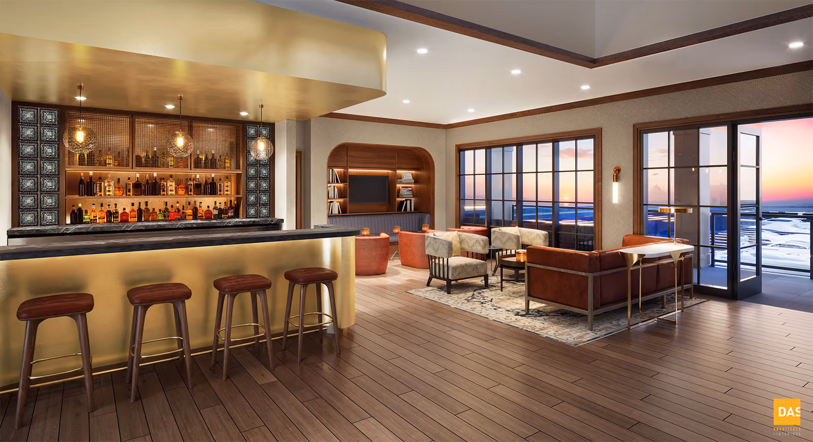 Modern lounge with a bar, barstools, seating area, bookshelf, and large windows overlooking a sunset view.
