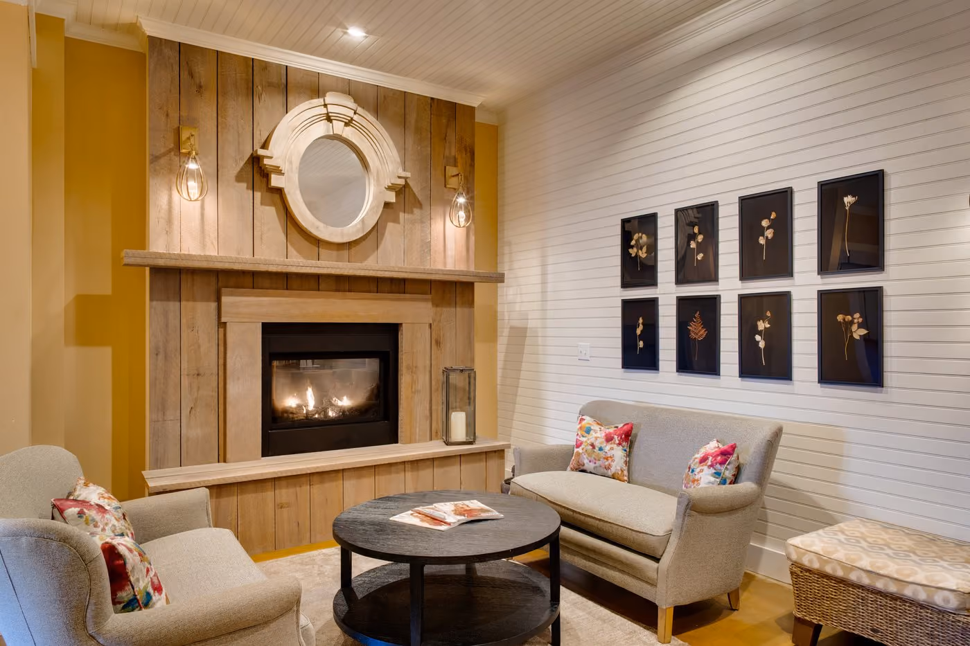 Spa relaxation room with fireplace at Chesapeake Bay Beach Club