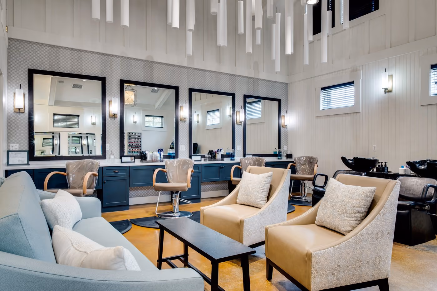 Chesapeake Bay Beach Club spa salon interior with styling chairs and mirrors
