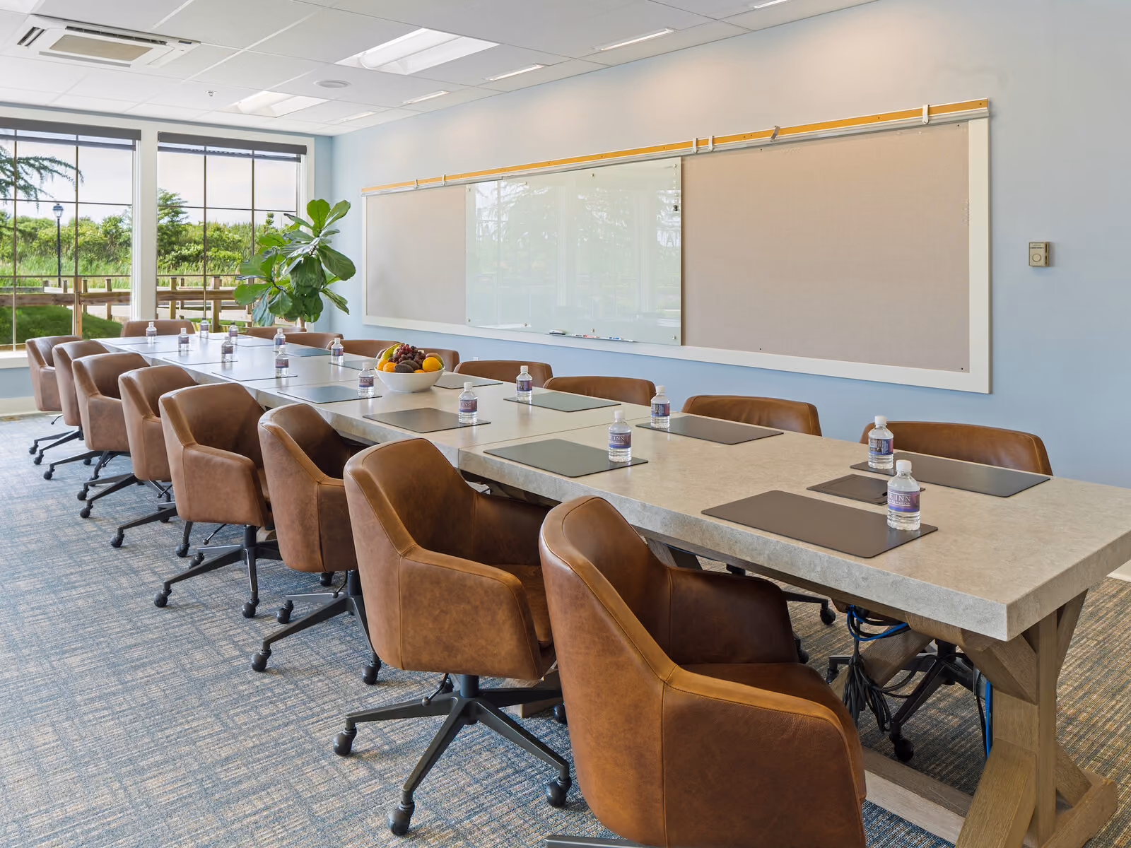 Naturally lit Hops Corner meeting space with plasma screen, modern AV setup, and hops garden views at Chesapeake Bay Beach Club