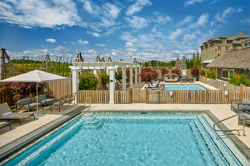 Two heated dipping pools with cascading water features and lounge seating at Chesapeake Bay Beach Club, Kent Island