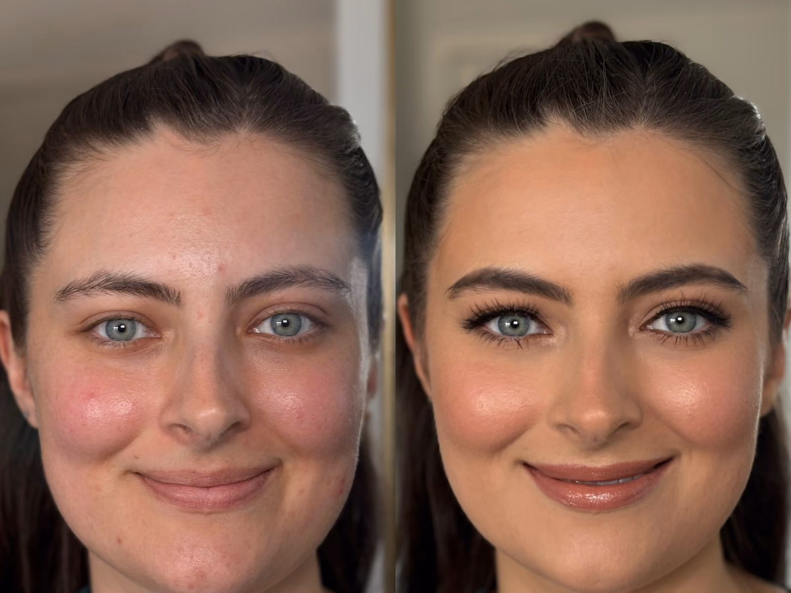 Before-and-after comparison of a bride's natural look and her finished bridal makeup application