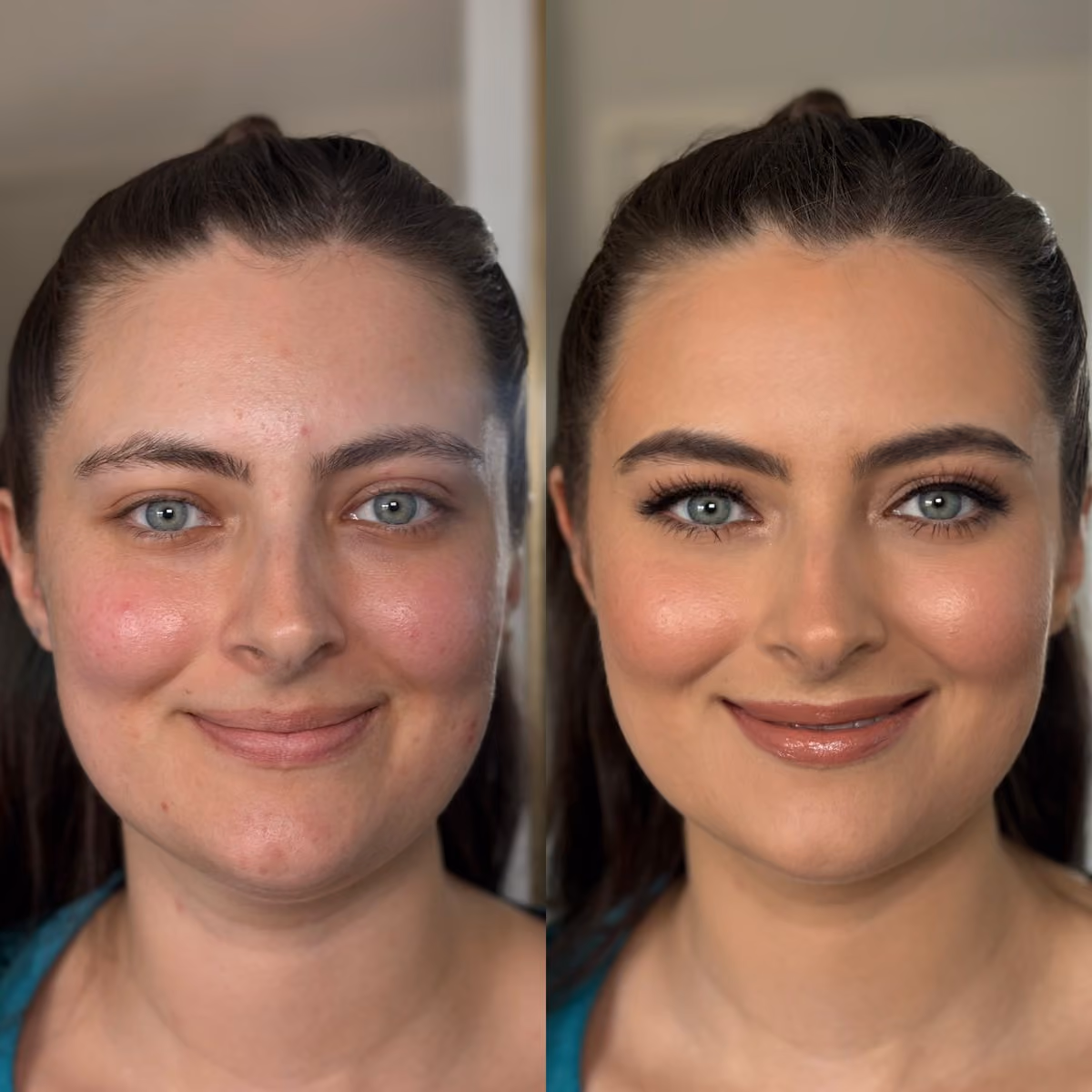 Bridal makeup before and after on brunette bride at Chesapeake Bay Beach Club