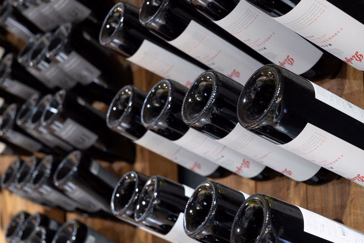 Close-up of red wine bottles displayed on a wall rack for wine night