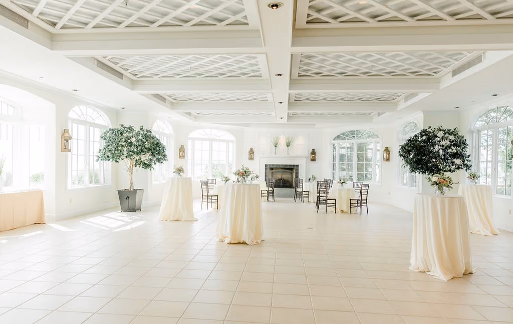 Garden Room with custom coffered and latticed ceiling and cocktail tables at Chesapeake Bay Beach Club