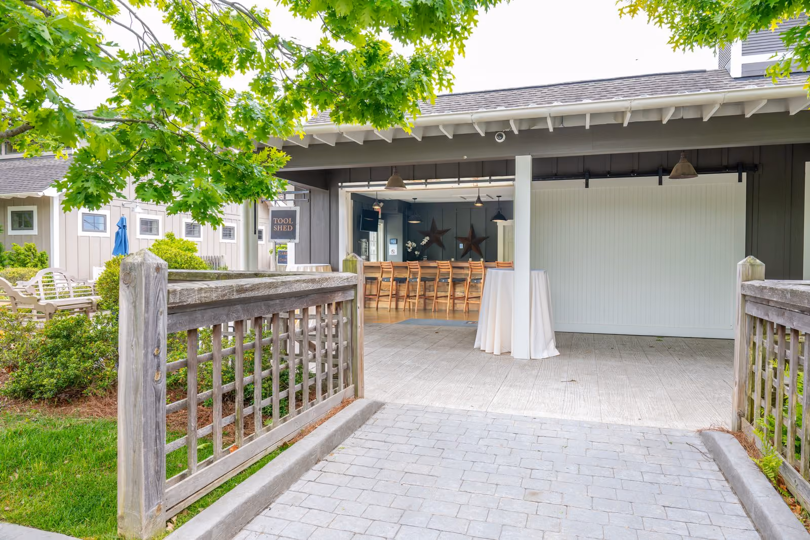 Exterior patio and walkway at the Tool Shed Bar, The Inn at Chesapeake Bay Beach Club
