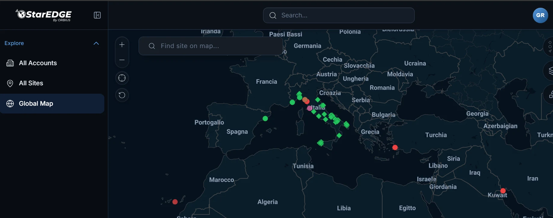 StarEDGE by Orbius global map with the vessels and sites supported by NetInSat across the Mediterranean