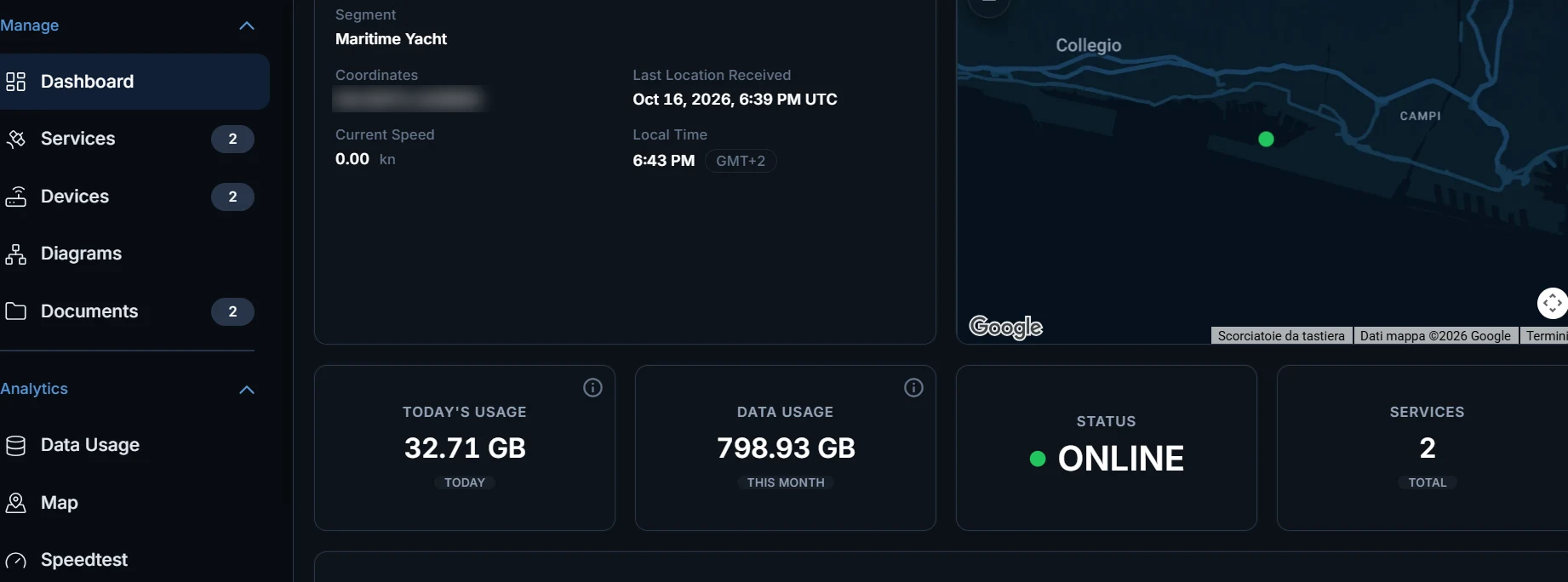 StarEDGE portal dashboard showing a yacht's status, monthly data usage and position, monitored by NetInSat