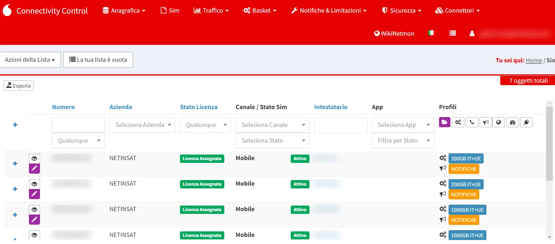 Vodafone Connectivity Control platform listing NetInSat yacht data SIMs and their data plans