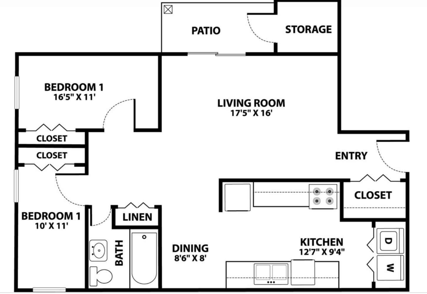 Two bedroom 1 bathroom floor plan